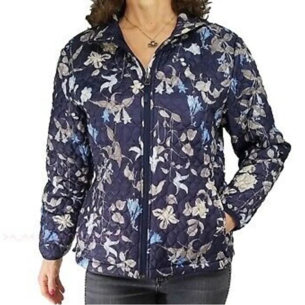 Lands End Packable Primaloft Insulated Blue Floral Jacket Size M (10/12) - Picture 2 of 9